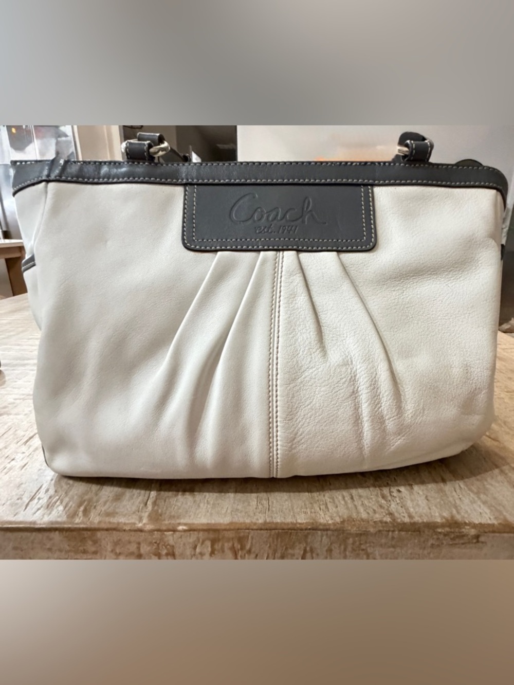 Coach Cream and Dark Gray Leather Shoulder Bag